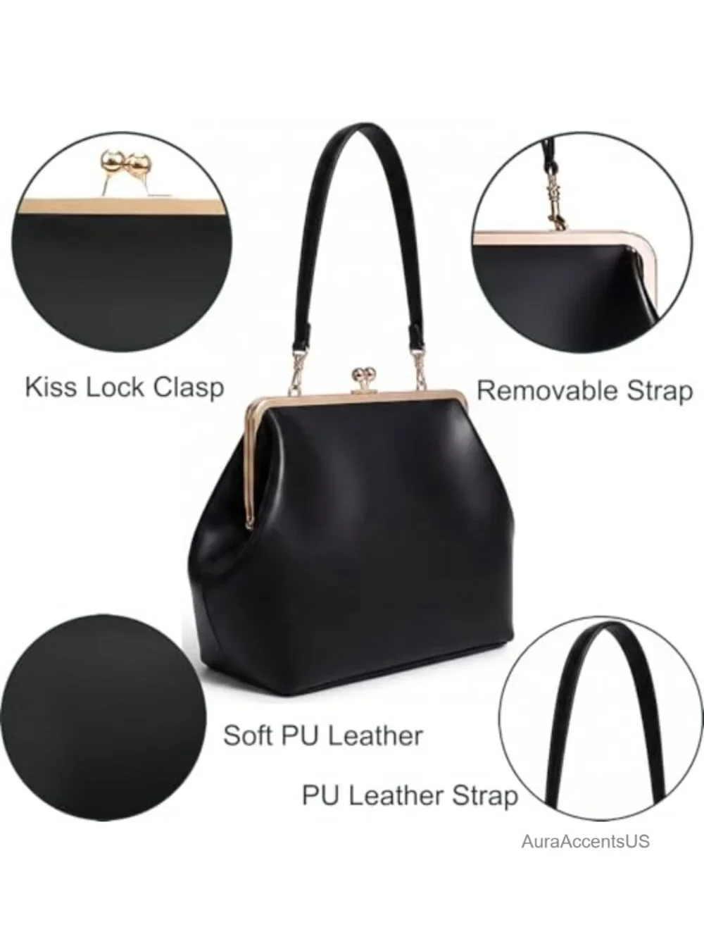 Kiss Lock Frame Handbag PU Leather Shoulder Tote Hobo Clutch Purse Women
